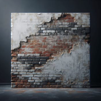 A close-up of a brick wall with peeling white plaster, revealing a mix of red and gray bricks underneath. The background is a dark gray a visible floor in the foreground. A high-quality photo.
