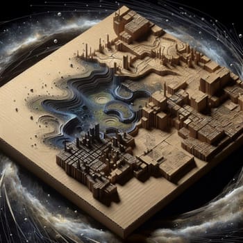 A cardboard cityscape with a river and mountains, surrounded by a swirling galaxy with stars and nebulae. A high-quality photo.