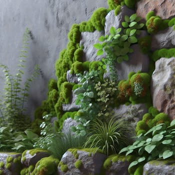 A close-up of a rock wall covered in moss, ferns, and other greenery, creating a lush, verdant texture. A high-quality photo.