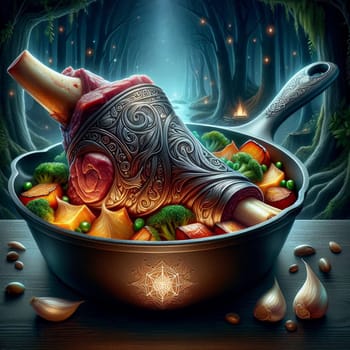 A magical scene of a pot with a roast leg of meat and vegetables in a forest setting. The pot is ornately decorated and surrounded by glowing lights and a campfire. A high-quality photo.