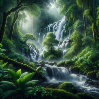 A stunning waterfall cascades down a rocky cliff face, surrounded by lush green rainforest vegetation. A high-quality photo.