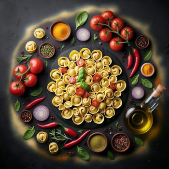 A plate of tortellini with tomatoes, basil, and spices, arranged in a circle. A high-quality photo.