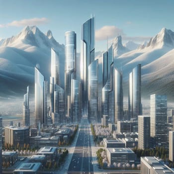 A futuristic city with tall, sleek skyscrapers, surrounded by snow-capped mountains. A high-quality photo.