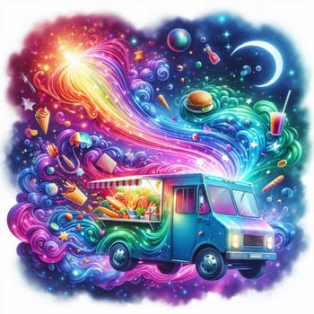 A blue food truck flying through a colorful galaxy with food items surrounding it. A high-quality photo.