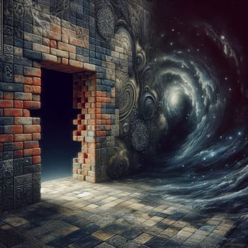 A brick wall with a broken doorway, revealing a swirling galaxy behind it. A high-quality photo.