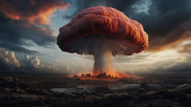 A large mushroom cloud from a nuclear explosion, with a city in ruins at its base. A high-quality photo.