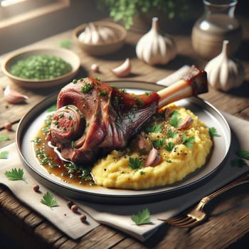 A roasted leg of lamb served with mashed potatoes and garnished with parsley and garlic. A high-quality photo.