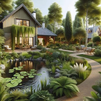 A luxurious backyard with a pond, a wooden deck, and lush greenery surrounding a house. A high-quality photo.