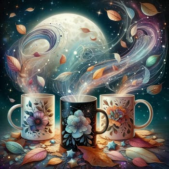 Three mugs with floral designs are surrounded by leaves and stars. The mugs are emitting magical, glowing smoke. A high-quality photo.