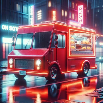 A red food truck with neon lights, parked on a wet city street at night. A high-quality photo.