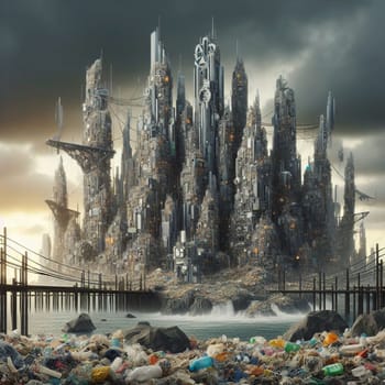 A futuristic city built on a pile of garbage, with a polluted river flowing through it. A high-quality photo.