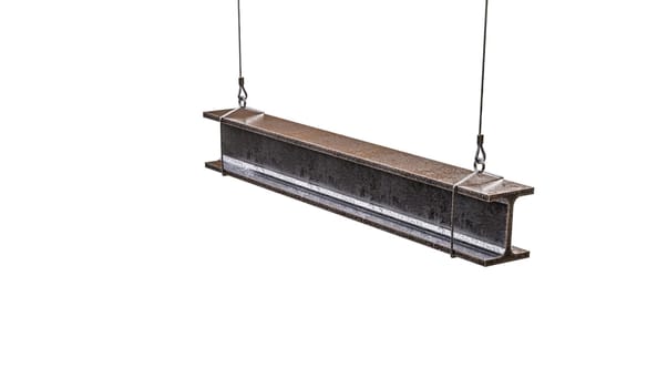 Heavy steel beam suspended by cables isolated  transparent backgroun
