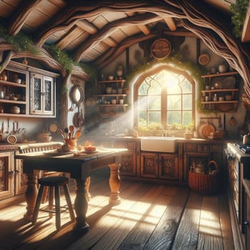 A cozy, rustic kitchen with wooden cabinets, a large window, and a table set for a meal. A high-quality photo.
