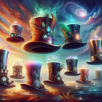 A group of top hats floating in the air, with each hat decorated with different objects and colors. The hats are surrounded by swirling clouds, stars, and a glowing galaxy. A high-quality photo.