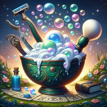 A magical scene with a bowl of shaving foam, a razor, scissors, and a brush, surrounded by glowing bubbles and a book. A high-quality photo.