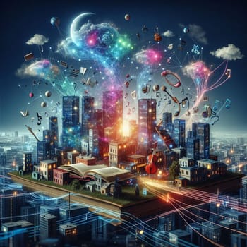 A magical cityscape emerges from an open book, with glowing lines connecting buildings and objects representing music, knowledge, and imagination. A high-quality photo.
