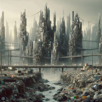 A futuristic city built on a pile of garbage, with a polluted river flowing through it. A high-quality photo.