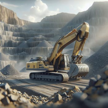 A yellow excavator digging in a quarry. The excavator is shown in action, with dust and debris flying up from its bucket. A high-quality photo.