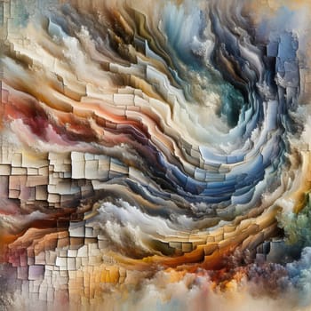 An abstract painting with swirling colors and textures, creating a sense of depth and movement. A high-quality photo.