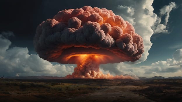 A massive mushroom cloud from a nuclear explosion, with a city in ruins at its base. A high-quality photo.