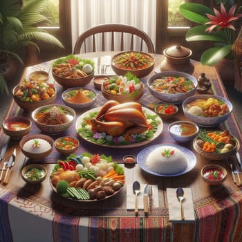 A table laden with a variety of traditional dishes, including roasted chicken, rice, and various stews and curries. The table is set with wooden bowls, plates, and cutlery. A high-quality photo.