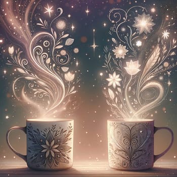 Two mugs with floral designs are steaming with magical, glowing light. A high-quality photo.