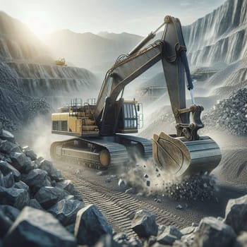 A large excavator digging in a quarry, with dust and debris flying up from its bucket. A high-quality photo.