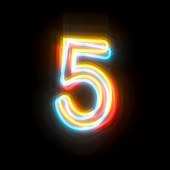 Three colors neon font Number 5 FIVE 3D rendering illustration isolated on black background