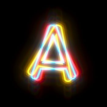 Three colors neon font Letter A 3D rendering illustration isolated on black background