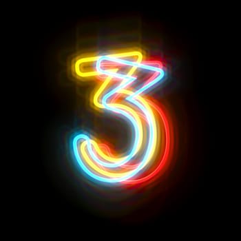 Three colors neon font Number 3 THREE 3D rendering illustration isolated on black background