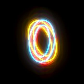 Three colors neon font Number 0 ZERO 3D rendering illustration isolated on black background