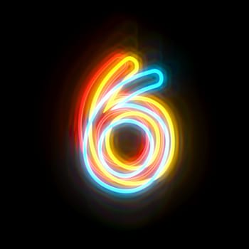 Three colors neon font Number 6 SIX 3D rendering illustration isolated on black background