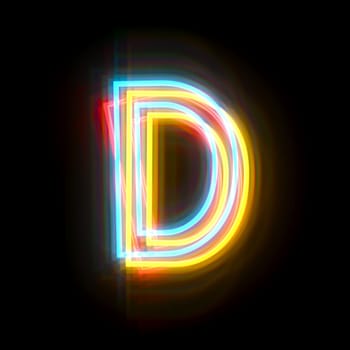 Three colors neon font Letter D 3D rendering illustration isolated on black background