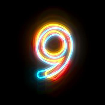 Three colors neon font Number 9 NINE 3D rendering illustration isolated on black background