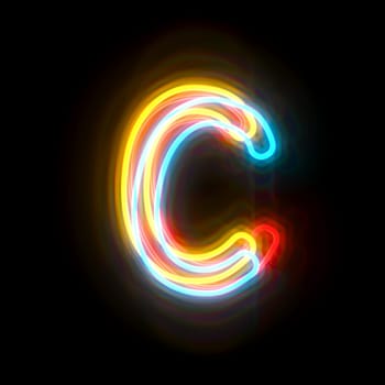 Three colors neon font Letter C 3D rendering illustration isolated on black background