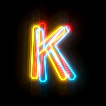 Three colors neon font Letter K 3D rendering illustration isolated on black background