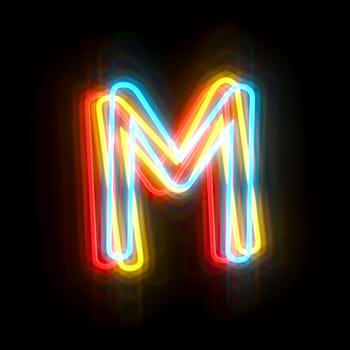 Three colors neon font Letter M 3D rendering illustration isolated on black background