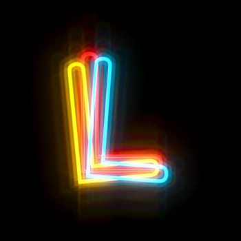 Three colors neon font Letter L 3D rendering illustration isolated on black background