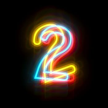 Three colors neon font Number 2 TWO 3D rendering illustration isolated on black background