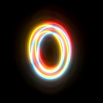 Three colors neon font Letter O 3D rendering illustration isolated on black background
