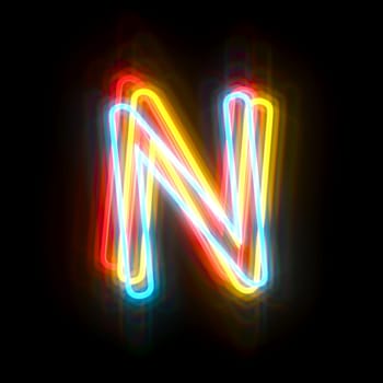 Three colors neon font Letter N 3D rendering illustration isolated on black background