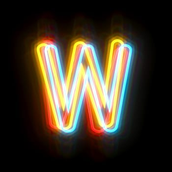 Three colors neon font Letter W 3D rendering illustration isolated on black background