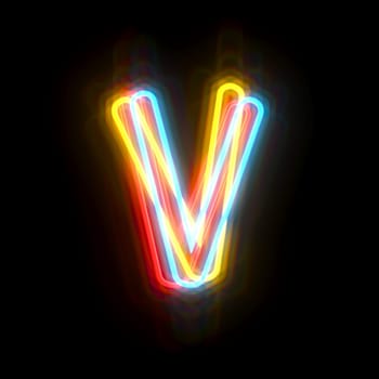Three colors neon font Letter V 3D rendering illustration isolated on black background