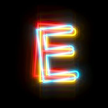 Three colors neon font Letter E 3D rendering illustration isolated on black background
