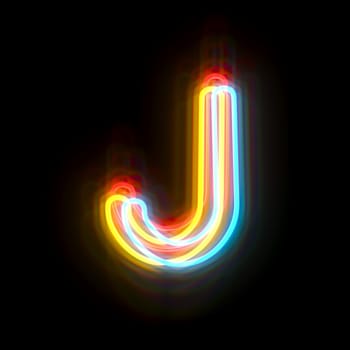 Three colors neon font Letter J 3D rendering illustration isolated on black background