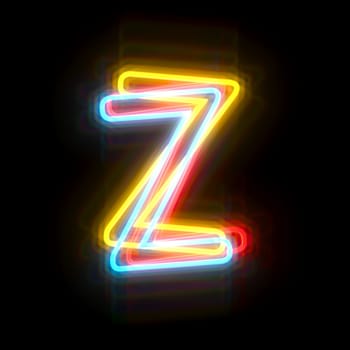 Three colors neon font Letter Z 3D rendering illustration isolated on black background