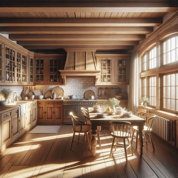 A rustic kitchen with wooden cabinets, a large window, and a farmhouse table, bathed in warm sunlight. A high-quality photo.