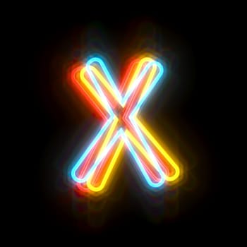 Three colors neon font Letter X 3D rendering illustration isolated on black background