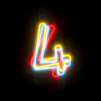 Three colors neon font Number 4 FOUR 3D rendering illustration isolated on black background