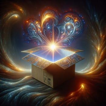 An open cardboard box revealing a bright, glowing light and intricate patterns, symbolizing the potential for discovery and wonder. A high-quality photo.